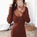 Women's Long Sleeve V Neck Bodycon Ribbed Knit Dress Solid Slim Midi Dress