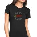 Womens T-Shirt Rhinestone Bling Black Tee Happy Easter Carrot Bunny Crew Neck XX-Large