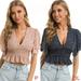 Novobey Peplum Tops for Women,Short Sleeve Deep V Neck Self Tie Front Crop Tie Front Top Blouse