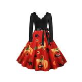 Sexy Dance Womens V-Neck Skater Swing Dress Womens Long Sleeve Pleated A Line Dresses Bow-Knot Belt Flared Mini Dress