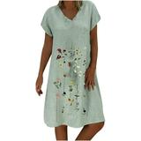 Bescita Women Plus Size Embroidered Short Sleeves V-Neck Casual Short Dress