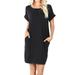 Women & Plus Round Neck Rolled Sleeve Knee Length Tunic Shirt Dress with Pockets