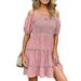 Sexy Dance Smocked Dress for Womens Cold Shoulder Floral Print Dress V-neck Casual Loose Dress