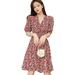 Oaktree Summer ladies floral V-neck fashion temperament waist short-sleeved dress, floral print fashion and elegant A-line puff sleeve dress, beach casual party dress