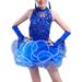 Zewfffr Children Girl Performance Costume Latin Tassels Halter Dress (Blue 7-8T)