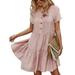 Sexy Dance Women Button Tunic Dress Short Sleeve Crew Neck Layer Pleated Hem Dress Summer Sundress Pink M(US 8-10)