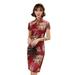 ESSEN Cheongsam Women Short Sleeve Floral Print Slit Hem Brocade Chinese Cheongsam Midi Dress