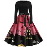 Cotonie Halloween Women's Long Sleeve O Neck Printing Vintage Gown Party Dress