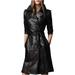 Outfit Craze Women's Black Slim Fit Long Trench Leather Coat with Belted Closure (S)