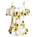 Plus Size Women Sunflower Printed Camis Short Sleeve Ruffles Cold Shouder Blouse joybuy_Lighthian