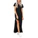 DYMADE Women's Solid Casual Maxi Dress Round Neck Stitching Ruffle Long Dress