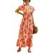 UKAP Women Holiday Beach Summer Dress Bardot Button Waistband Floral Printed Boho Long Dresses S-XXL Orange (Flower) M(US 6-8)