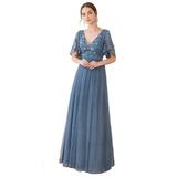 Ever-Pretty Women's Double V-Neck Embroidery Maxi Dress Long Bridesmaid Dress 00722 Dusty Blue US4