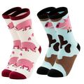 2-Pair Girls Crew Socks - Cute Pink Pig Animal Print, Kids Casual Piggie Socks