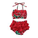 Seyurigaoka Baby Girl Print Swimwear Set, Kids Top+Ruffles Shorts Swimsuit