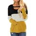 Women's Fall Casual Loose Tops Color Block Chest Cutout Tunics Long Sleeve Shirt Scoop Neck Blouse