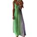 Daciye Women Tie Dye Spaghetti Straps Dress V-neck Loose Long Sundress (Green S)