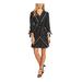CECE Womens Black Tie Floral 3/4 Sleeve V Neck Short Fit + Flare Evening Dress Size 2
