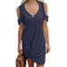 JustVH Women's Round Neck Cold Shoulder Dress Solid Knotted Casual Dress