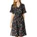 Allegra K Women's Belted Slit Hem Floral V Neck Short Sleeve A-line Dress