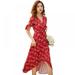 Women Summer Ruffled Dress V neck Ladies Floral Short Sleeve Elegant Casual Boho Red Vestidos