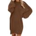 Mnycxen Women Winter Sweater Knit Turtleneck Warm Long Sleeve Pocket Mini Sweater Dress