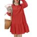 VONDA Women Plus Size Long Sleeve Casual Swing Pleated Short Dress