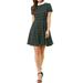 Allegra K Women's Peter Pan Collar Puff Sleeves Above Knee Plaid Dress