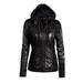 Women's Faux Leather Hooded Jacket Zippered Hoodie Short Slim Motorcycle Jacket Coat