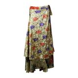 Mogul Women Beige Vintage Silk Sari Magic Wrap Skirt Reversible Printed 2 Layer Sarong Beach Wear Cover Up Long Skirts One Size