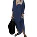 Avamo Plus Size Women Long Sleeve Smock Dress Ladies Linen-Cotton Kaftan Casual Loose Pure Color T Shirt Dress With Pockets