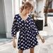 Fashion Women Summer Polka Dot Print Dress V Neck Three Quarter Sleeve High Waist Sashes Casual Mini Dress