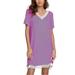 Avamo Summer Short Sleeve Casual Dress for Women Loose Pure Color Dress Ladies V-Neckline Stretch Cotton Swing Dress Purple XL