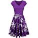 Sexy Dance Women Summer Floral Print Boho Dresses Casual Vintage Party Cocktail Midi Dress Ladies Short Sleeve V Neck Prom Gown Purple 4XL