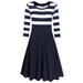 Women Casual Scoop Neck 3/4 Sleeve A-Line Swing Dress Striped Tunic Midi Dress