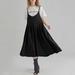 Women Vintage Loose Cotton Dress Spaghetti Straps High Waist Solid Casual Midi Dress