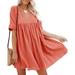 Women'S Short Sleeve V Neck Pleated Babydoll Solid Color Tunic Party Swing Mini Dress