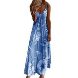 Womens Boho Sling Flower Print Long Maxi Dress Ladies Sexy V Neck Gradient Color Dress Beach Dress Sundress Plus Size S-5XL