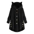 FANTADOOL Women Jacket Side Buckle Fluffy Hem Coat Hooded Loose Warm Pullover Sweater Cute Ear Hooded Coat Black L