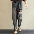 Tomshoo Women Vintage Denim Pants Girl Feather Applique Pocket Elastic Waist Loose Casual Autumn Pants