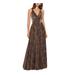 BETSY & ADAM Womens Gold Zippered Slitted Printed Spaghetti Strap V Neck Full-Length Fit + Flare Formal Dress Size 4