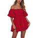 UKAP Women Summer Off Shoulder Dress Solid Color Short Sleeve Swing Ruffle Mini Dress Holiday Cocktail Party Dresses