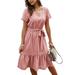 Sexy Dance Women Summer Stripe Dress Short Sleeve V-neck Vintage T-shirt Sundress Ladies Stripe Ruffle Midi Dress with Belt