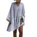 Women's V-Neck Long Sleeve Pleated Loose Mini Shirt Dress Casual Drawstring Plaid Check Dress