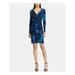 AMERICAN LIVING Womens Blue Floral Print Long Sleeve V Neck Above The Knee Sheath Party Dress Size: 14