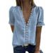 Fiomva Women Loose Jacquard Solid Color Short Sleeve V-neck Lace T-shirt