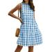 UKAP Women's Summer Midi Dress Sleeveless Tank Top Round Neck Check Pattern Loose Fit Short Flowy Pleated Dress Light Blue XL=US 14