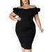 MAWCLOS Women Plus Size Package Hip Dress Solid Color Casual Lounge Cozy Midi Dress Fashion Off Shoulder Ruffle Sleeve Sexy Bodycon Zipper Dresses