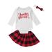 Anmino Infant Toddler Girl Letter Print Long Sleeve Bodysuit Plaid Skirt 2pcs Outfit 12-18M