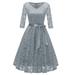 Vintage Women 1950s Crochet Lace Pleated Dress V Neck 3/4 Sleeve Belt Evening Party Swing Dress